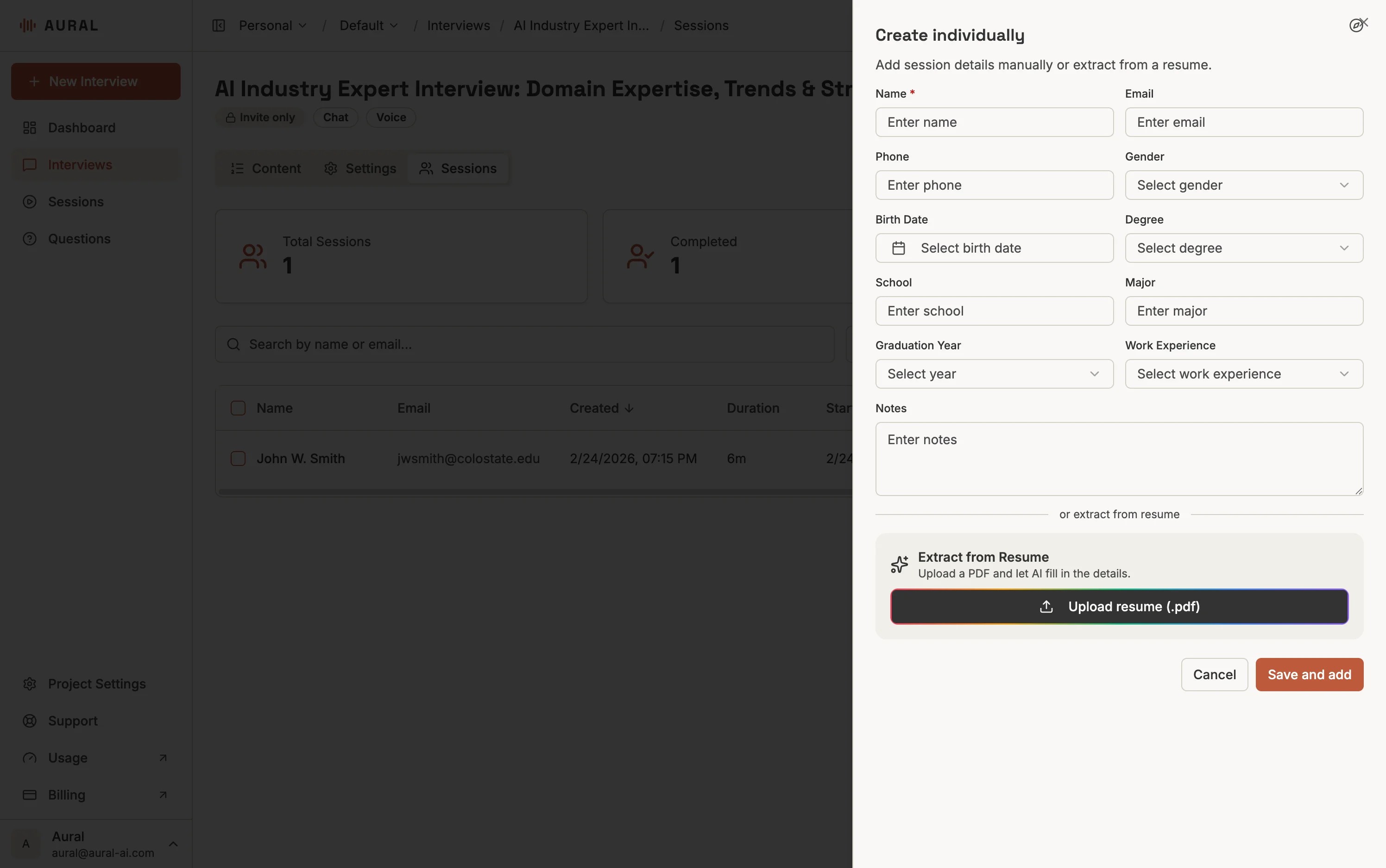 Create individually dialog with name, email, phone, school, and resume upload fields