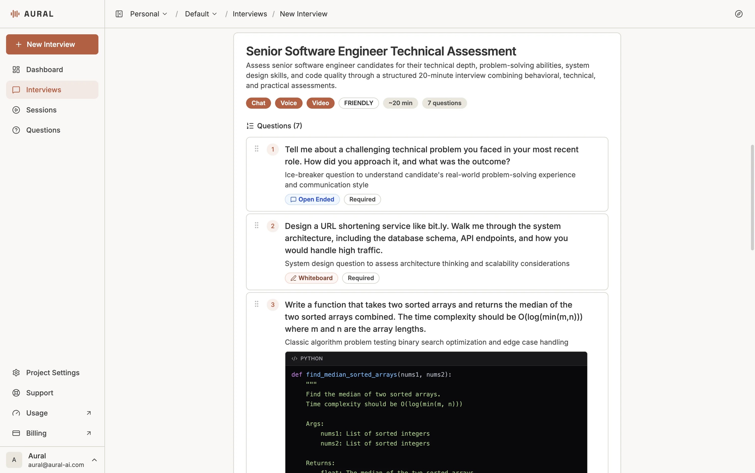 Question editor showing questions with types like Open Ended, Coding, and Multiple Choice