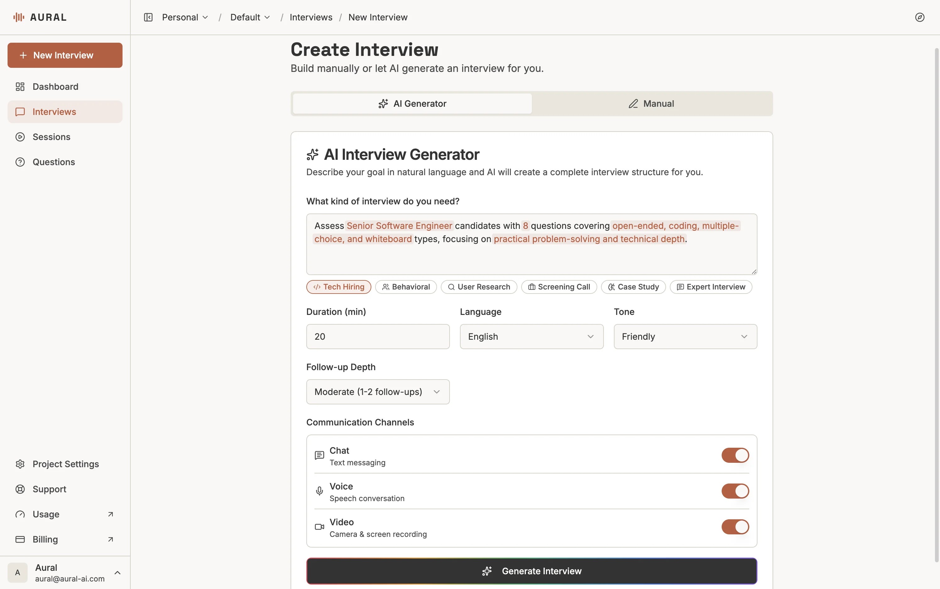 AI Generator tab with goal description, template chips, and configuration