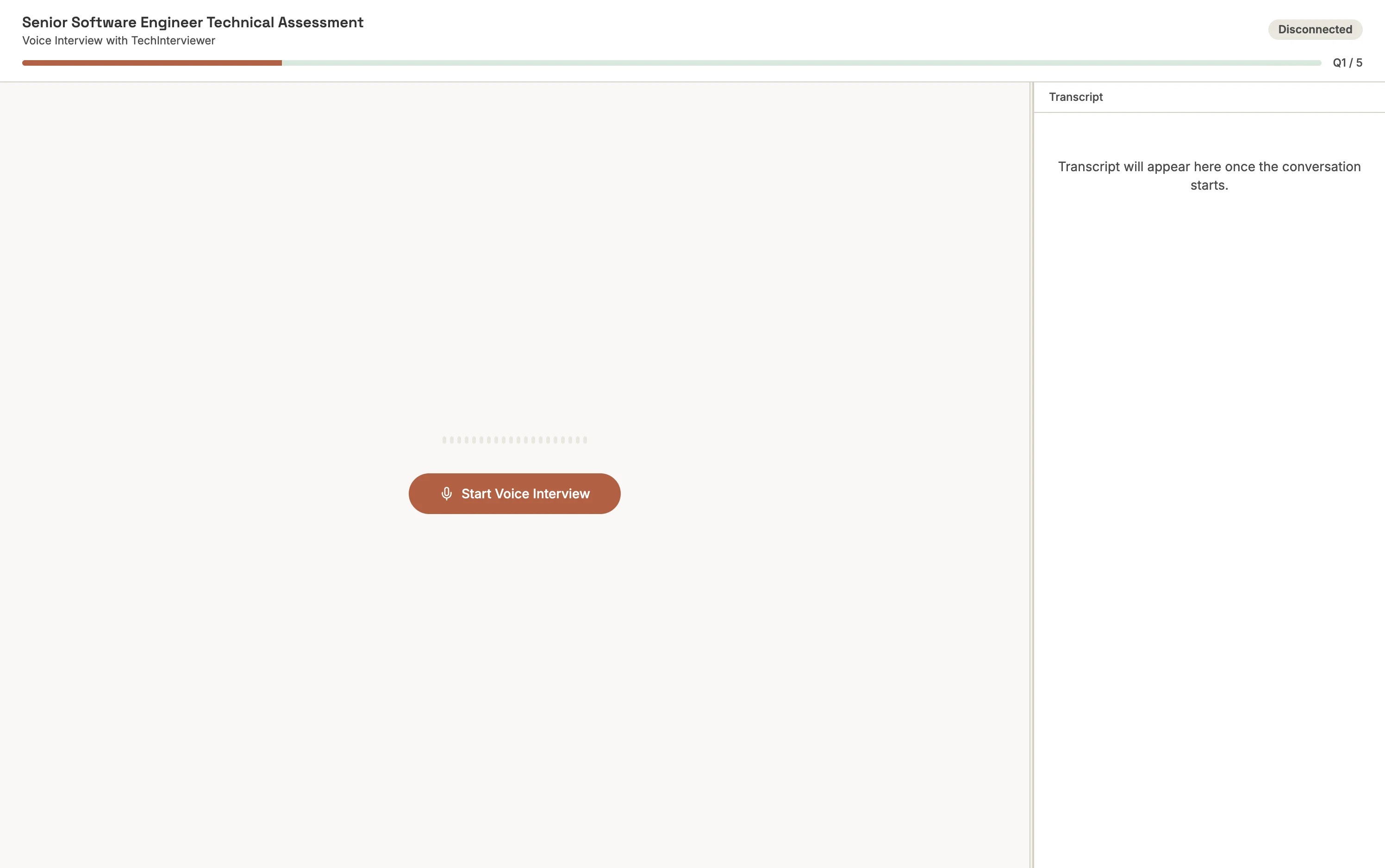 Interview start screen with Start Voice Interview button and empty transcript panel