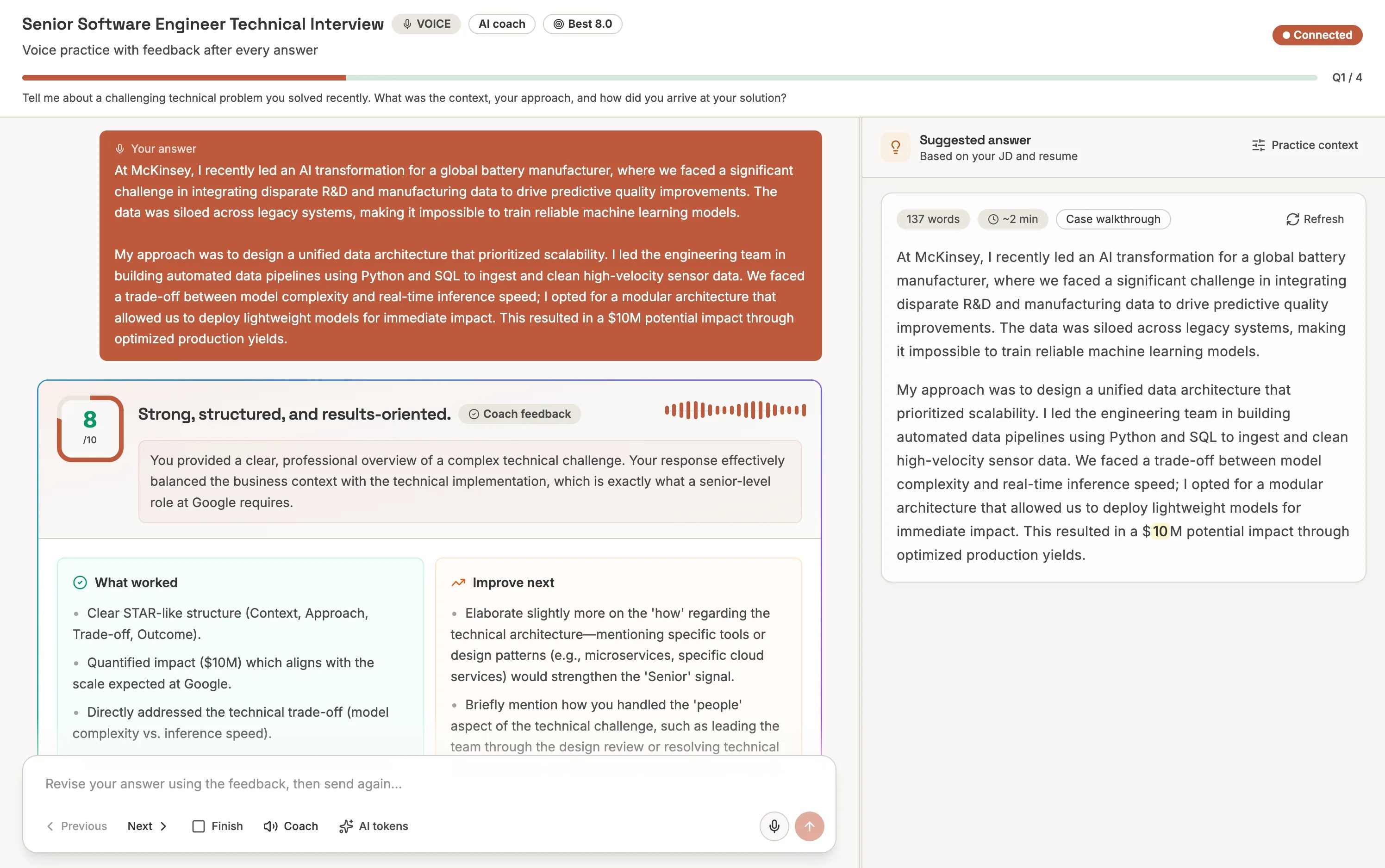 Practice session with AI coaching feedback, score, and suggested answer panel