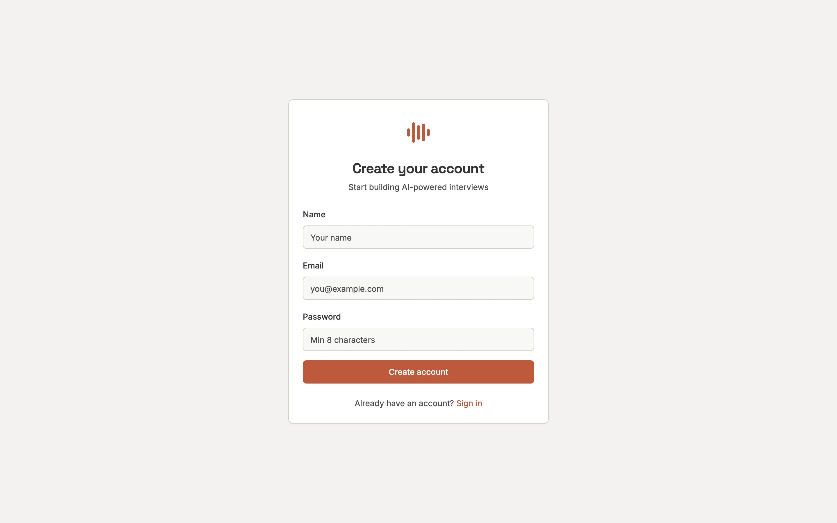Registration page with name, email, and password fields