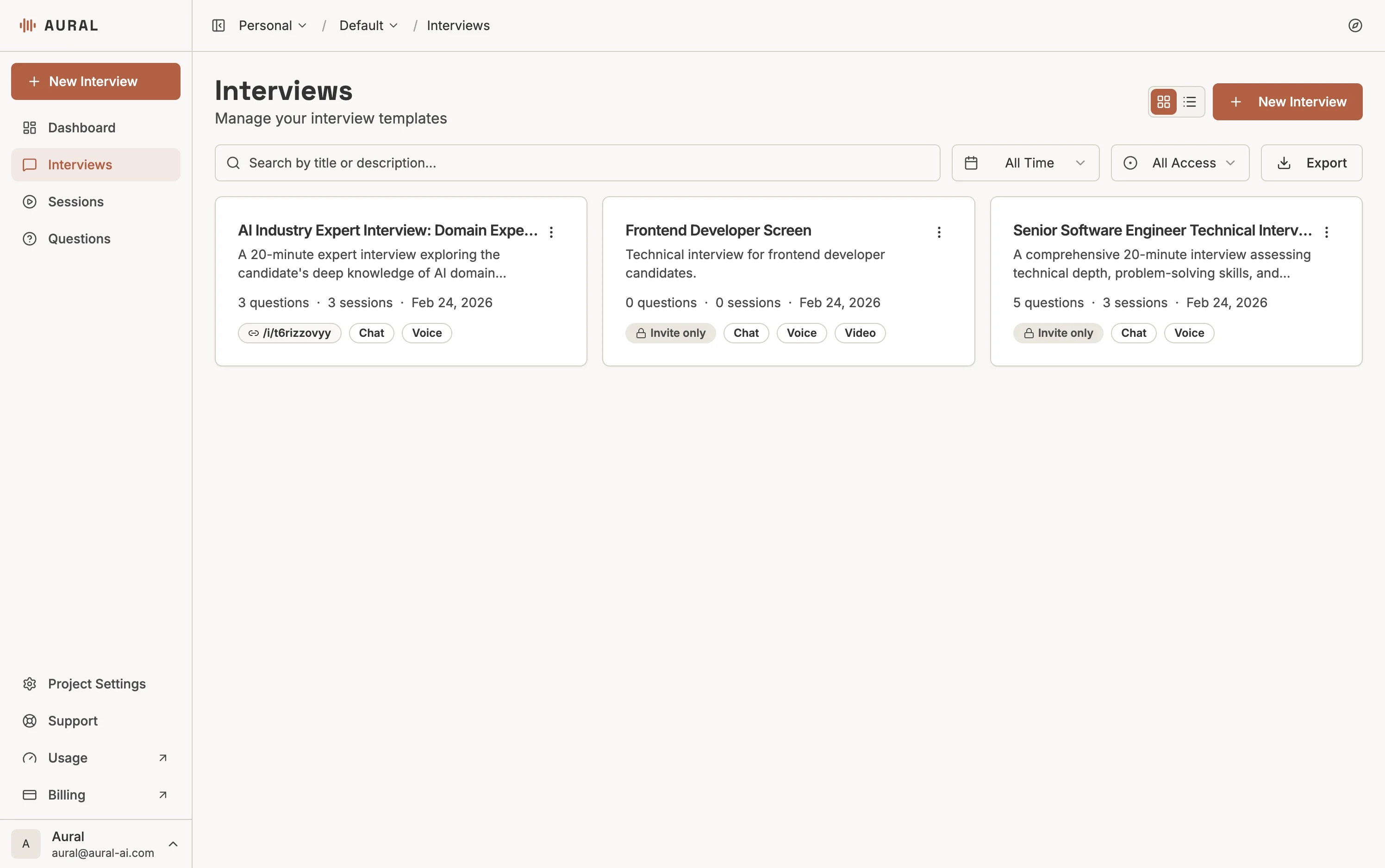 Interviews page with the New Interview button highlighted